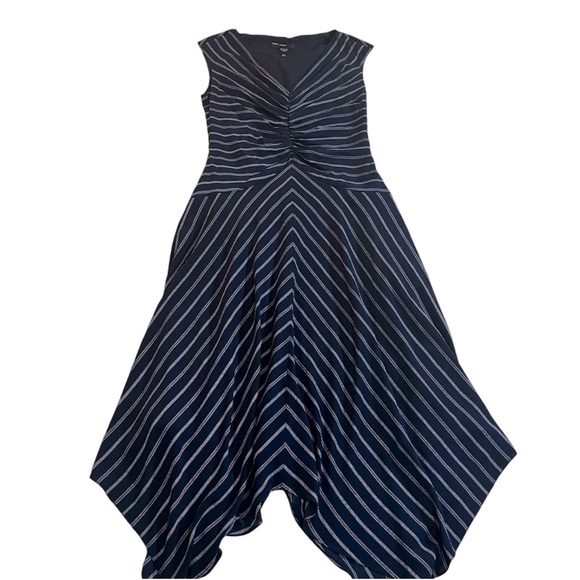 Maggy London Women’s Blue White Striped Midi Dress V-Neckline Size 8 - Picture 2 of 14